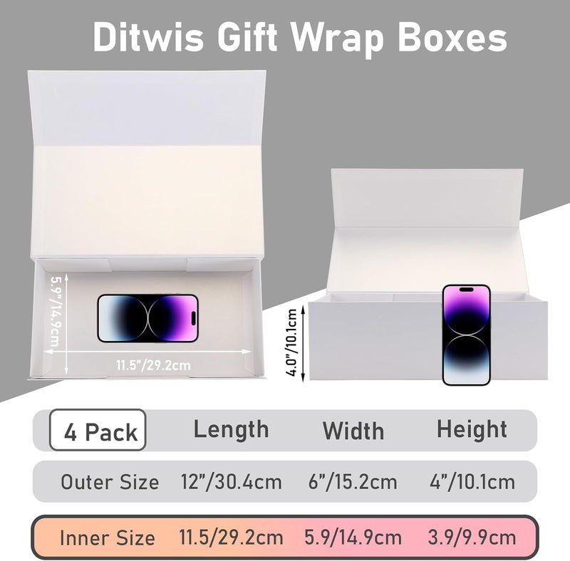 Ditwis 4 Pack 12x6x4 Inches Gift Boxes with Magnetic Closure Lids, White Magnetic Box for Wedding, Groomsmen Bridesmaid Proposal, Birthdays, Mother's Day - Image 2